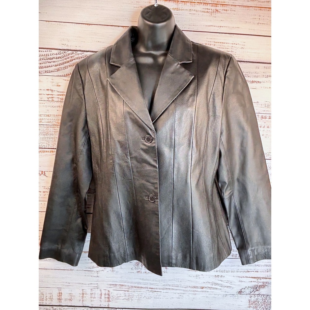 Vintage 90s Black Leather Blazer Jacket Paneled Button 12Timeless‎ Minimalist